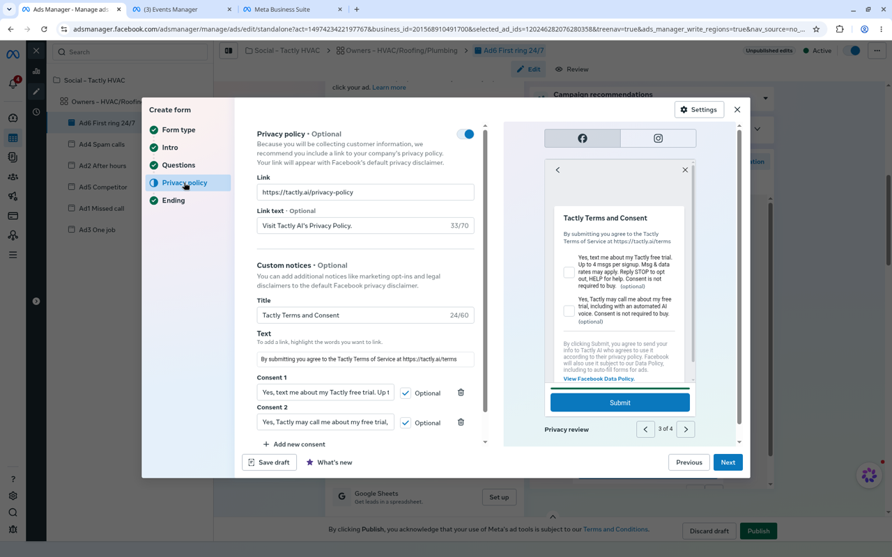 The Tactly free trial lead form in Meta Ads Manager. The preview shows the Tactly Terms and Consent screen with two unticked optional boxes: the texts consent quoted above and a separate calls consent, a link to the Tactly privacy policy, and a Submit button.
